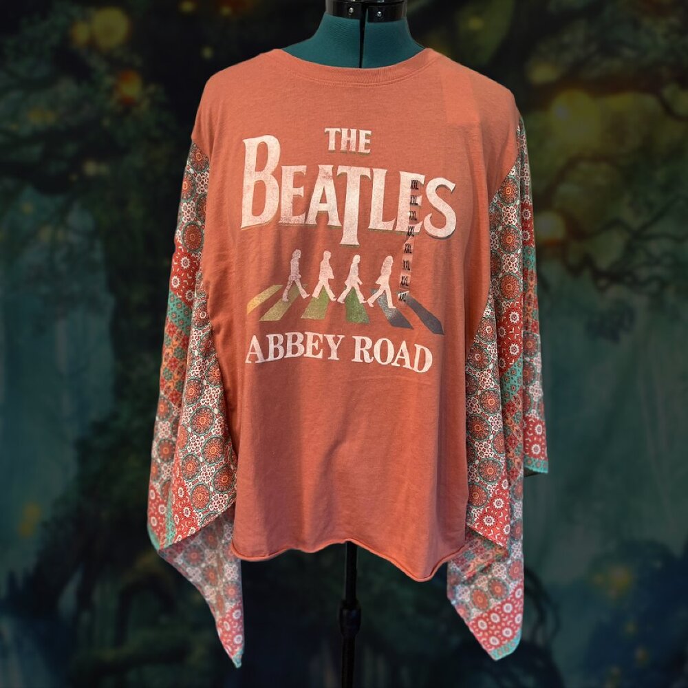 Upcycled Beatles “Abbey Road” Poncho Top – NWT, One Size Boho Kimono